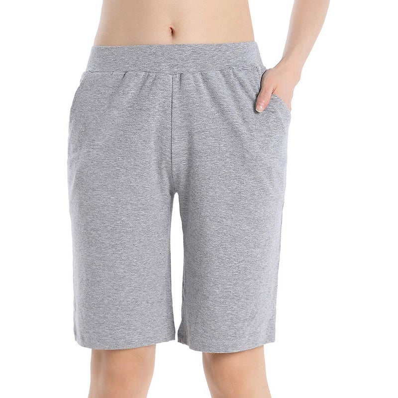 QingWan Summer Athletic Shorts Women Knee Length Spandex Short Pants with Pockets Yoga Grey - Image 4